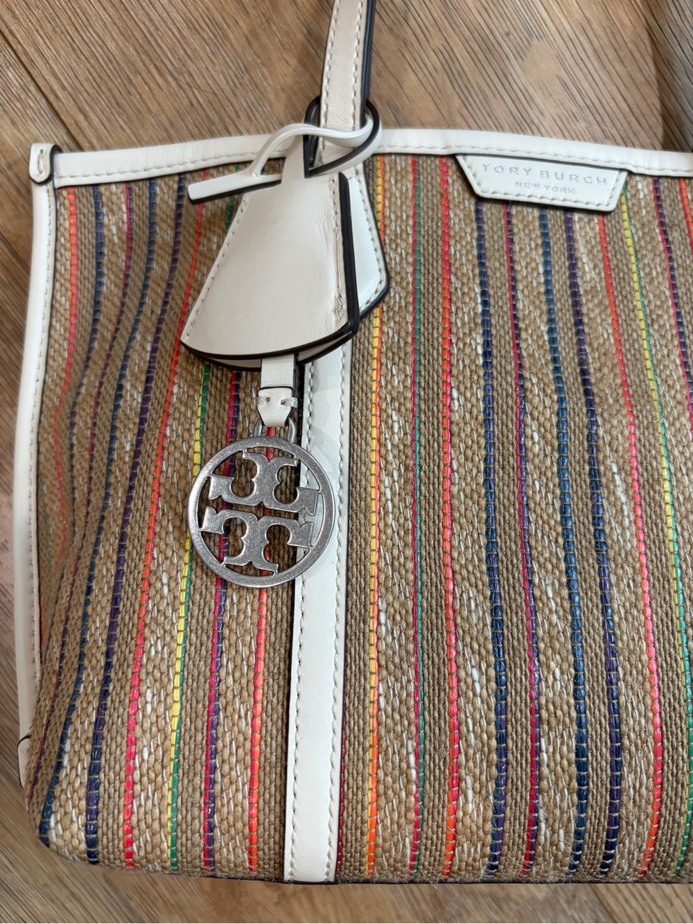 Tory Burch Small Perry Stripe Raffia Tote Multicolor Ivory Leather - Picture 6 of 12